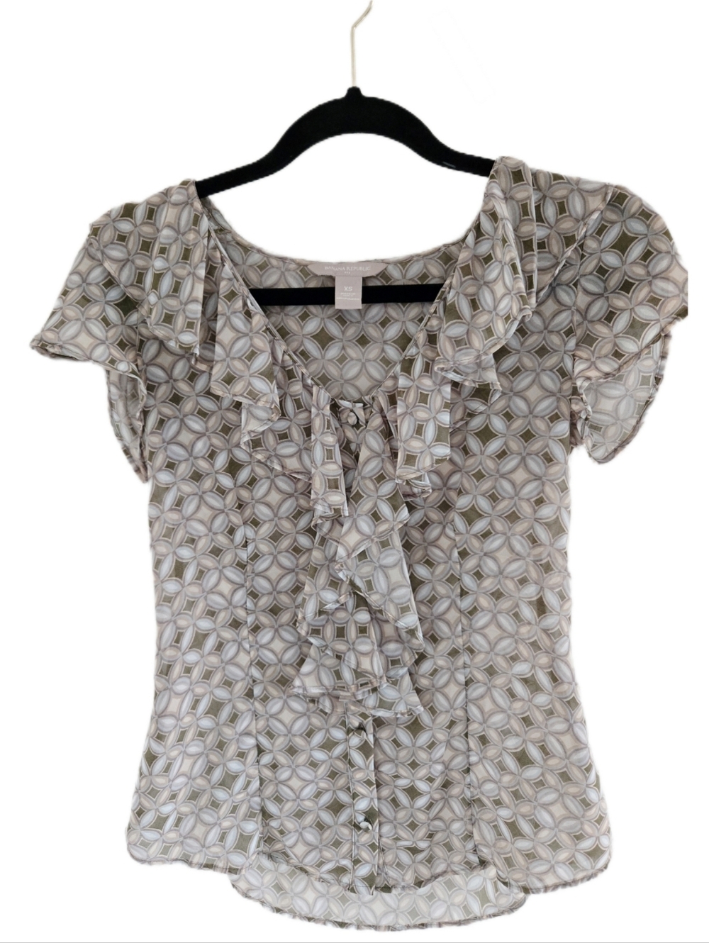 Banana Republic Geometric Ruffle Front Short Sleeve Blouse - XS